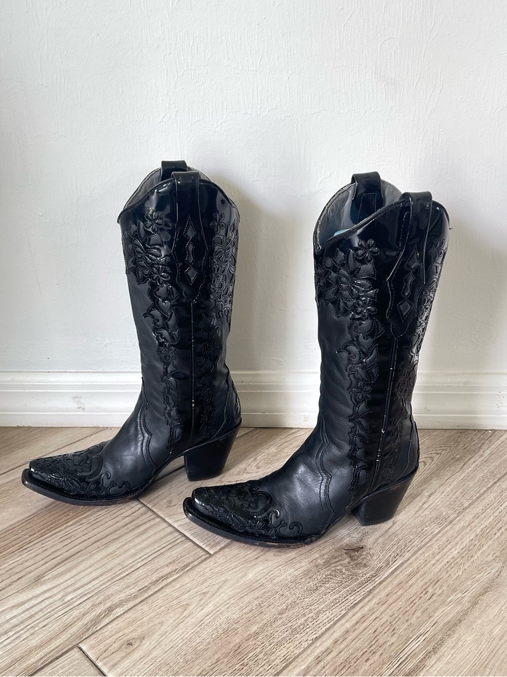 Corral Black Patent Leather Butterfly Flower Leather Cowboy Boots - Women